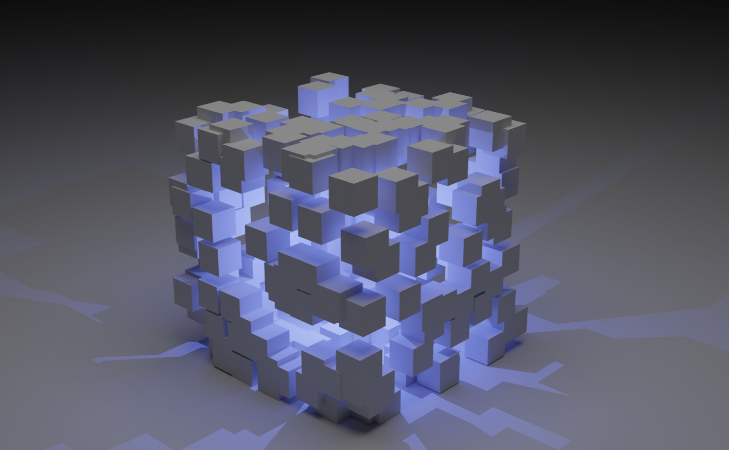 AIBN digital solutions with a glowing cube made of small blocks.