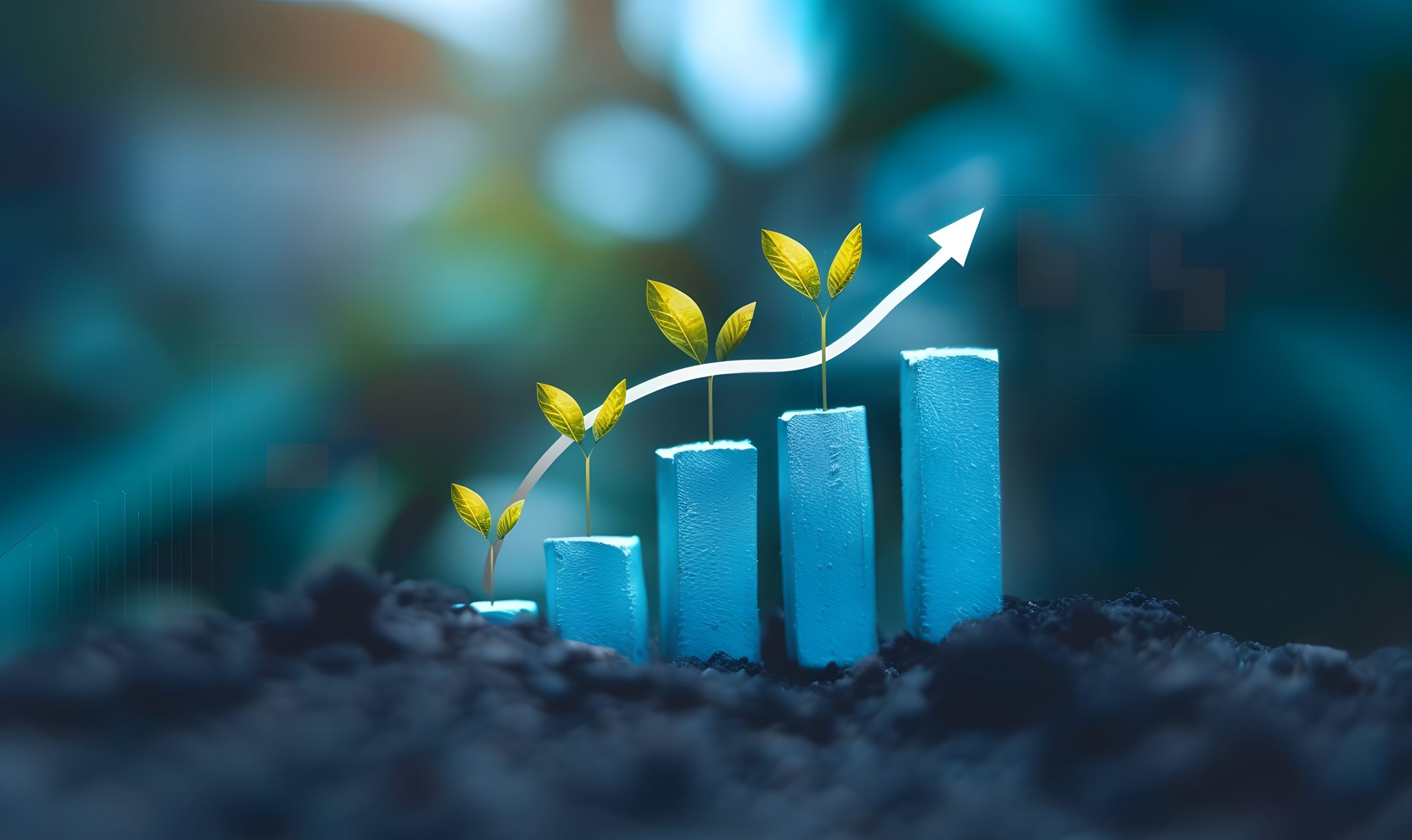 Bar chart sprouting from soil with arrow and leaves showing AIBN organic business growth and upward momentum.