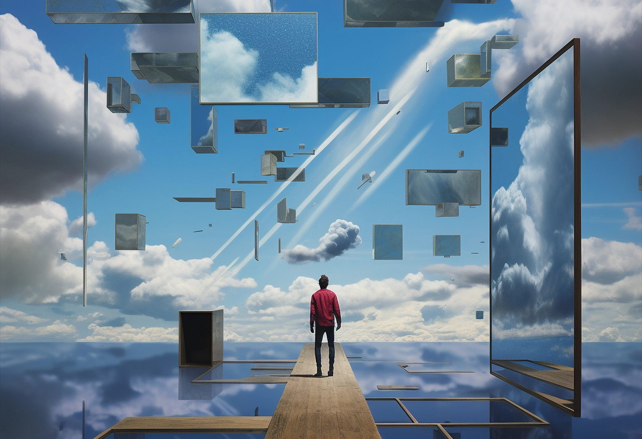 AIBN figure on floating platform among sky mirrors, symbolizing introspection and visionary exploration.