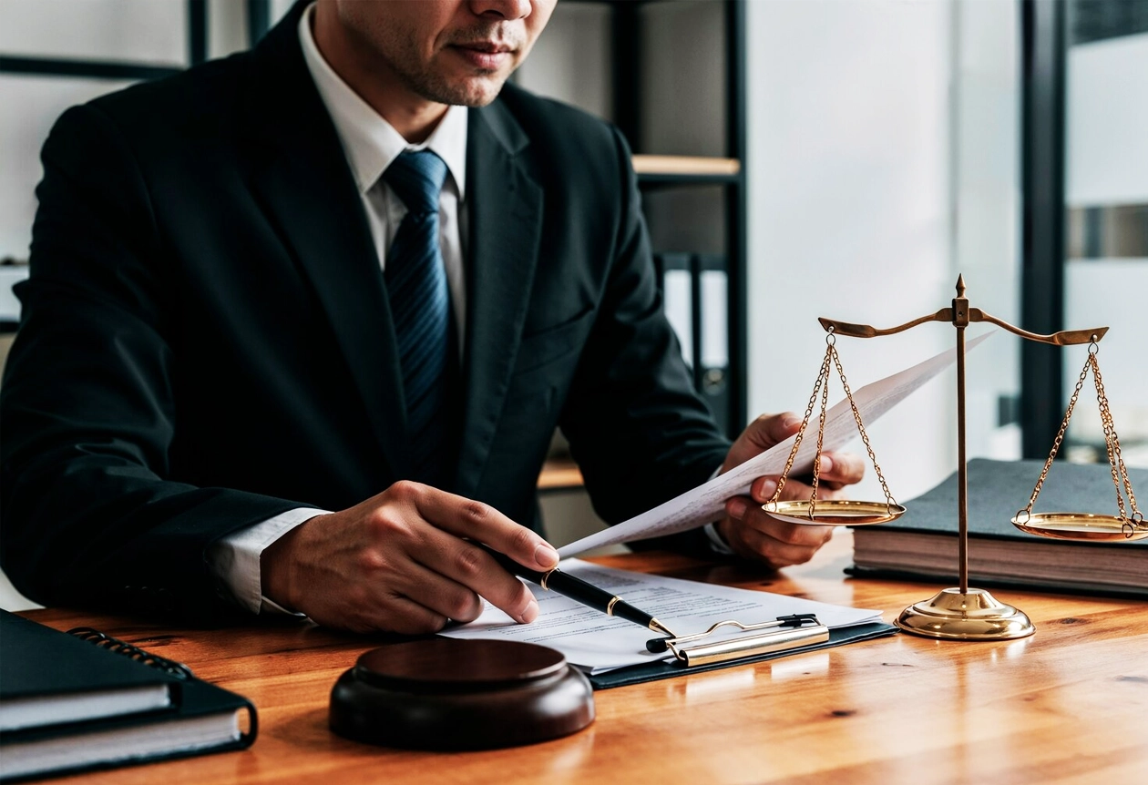 AIBN legal expert reviewing documents beside justice scale for compliance services.