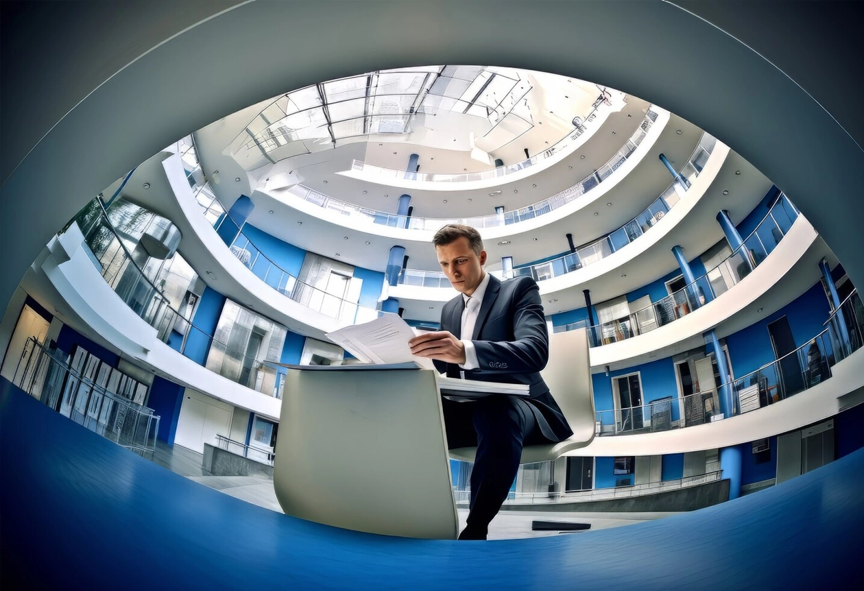 AIBN executive reviewing documents in circular office atrium for strategic planning and brand positioning.