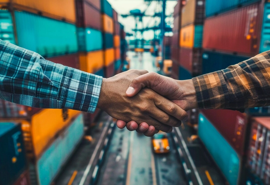 AIBN handshake in shipping yard symbolizing international trade partnership and regulatory alignment.