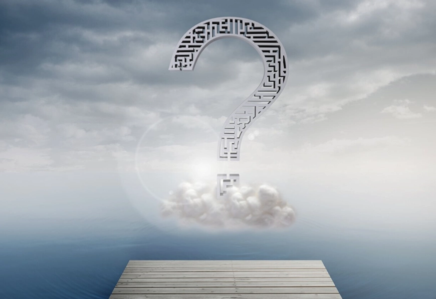 AIBN surreal question mark over water symbolizing introspective brand purpose and strategic clarity.