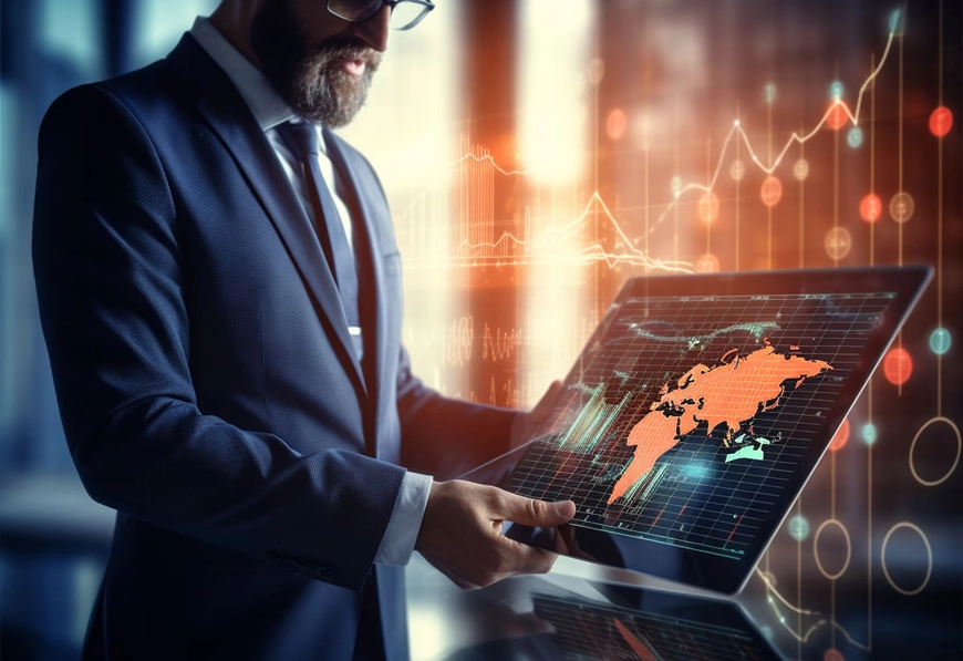 A person viewing a digital world map, illustrating AIBN's Global Business Expansion strategy.