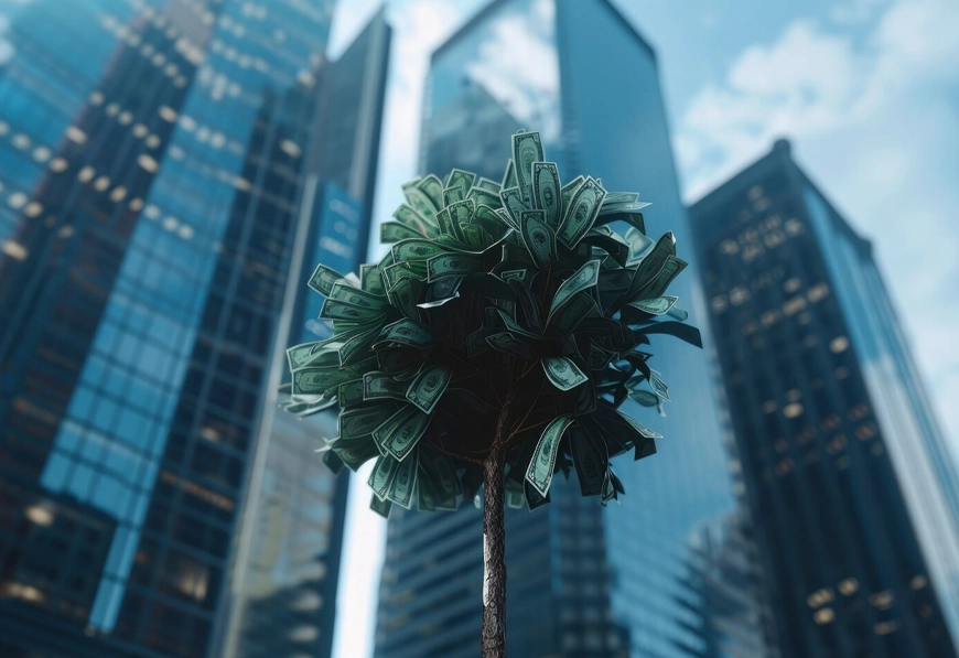 A money tree in front of high-rise buildings, representing AIBN's focus on high-growth industries