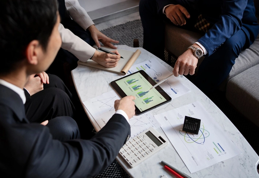 AIBN business team analyzing tablet graphs and printed charts for competitive sales insights.