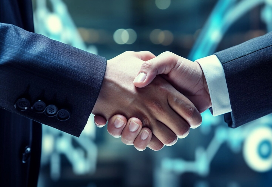 Handshake with financial data showing AIBN business partnership.