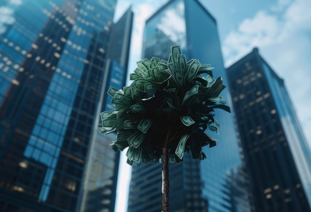 A small tree with leaves made of cash, symbolizing AIBN's investment in future growth.