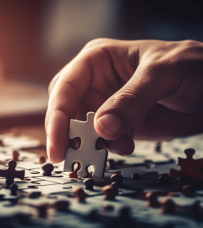 A hand putting the final puzzle piece in place, symbolizing AIBN's talent development and knowledge building.