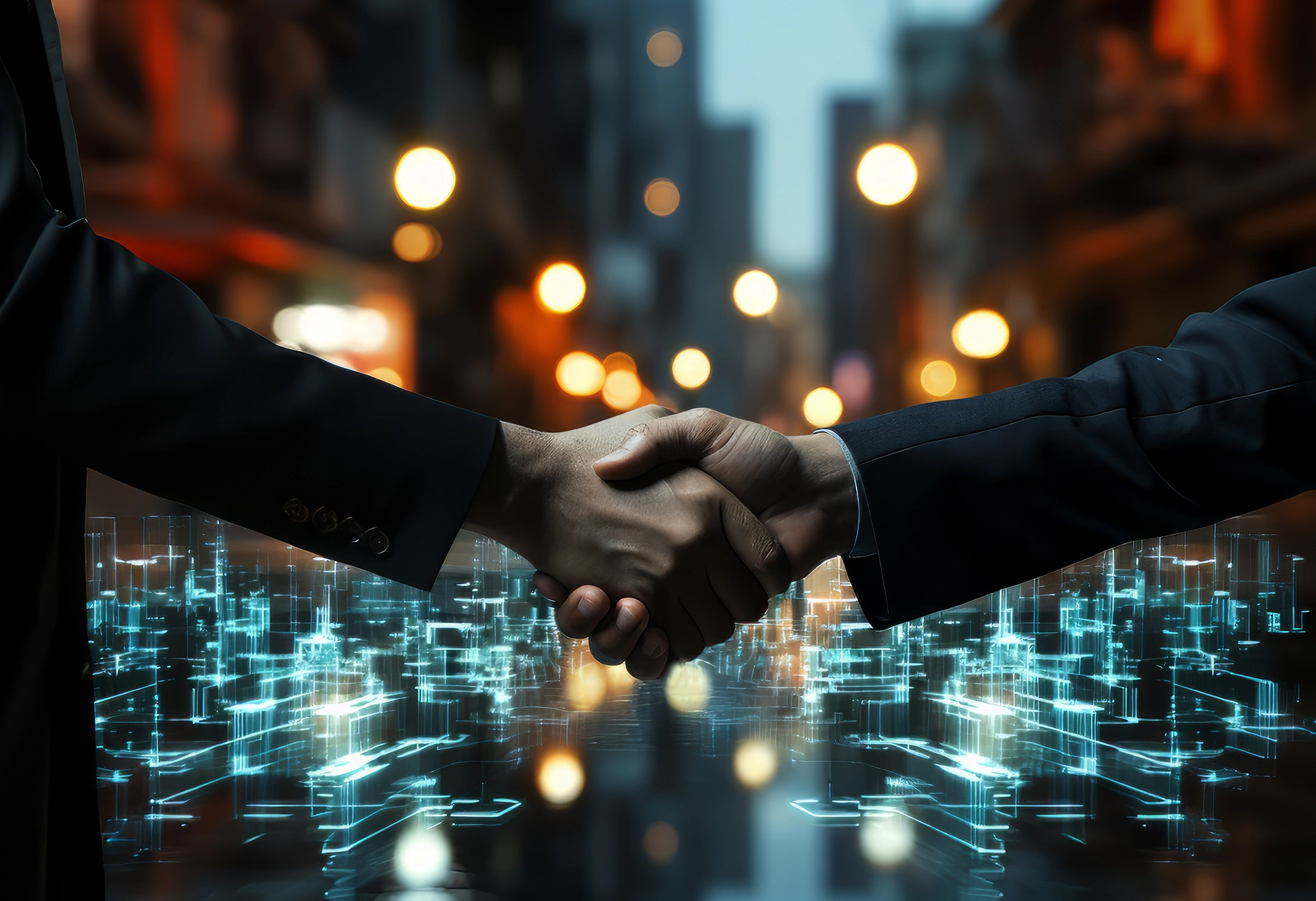 Two AIBN business professionals shaking hands in a futuristic city, symbolizing a promise to make a difference.