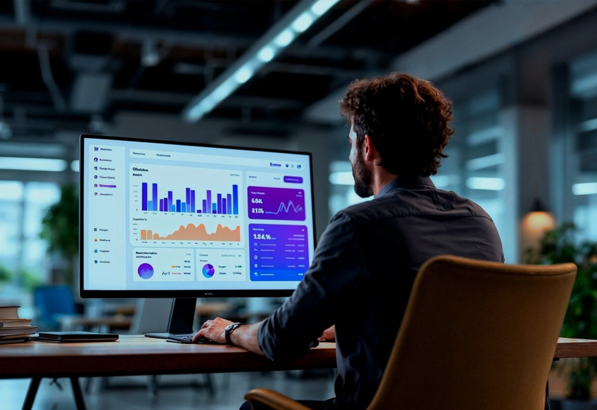 Person at desk viewing performance dashboard with charts.