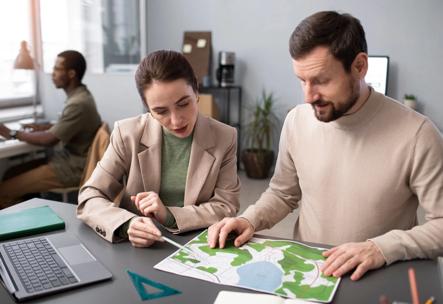 AIBN professionals analyzing map for market strategy and competitive positioning in modern office.