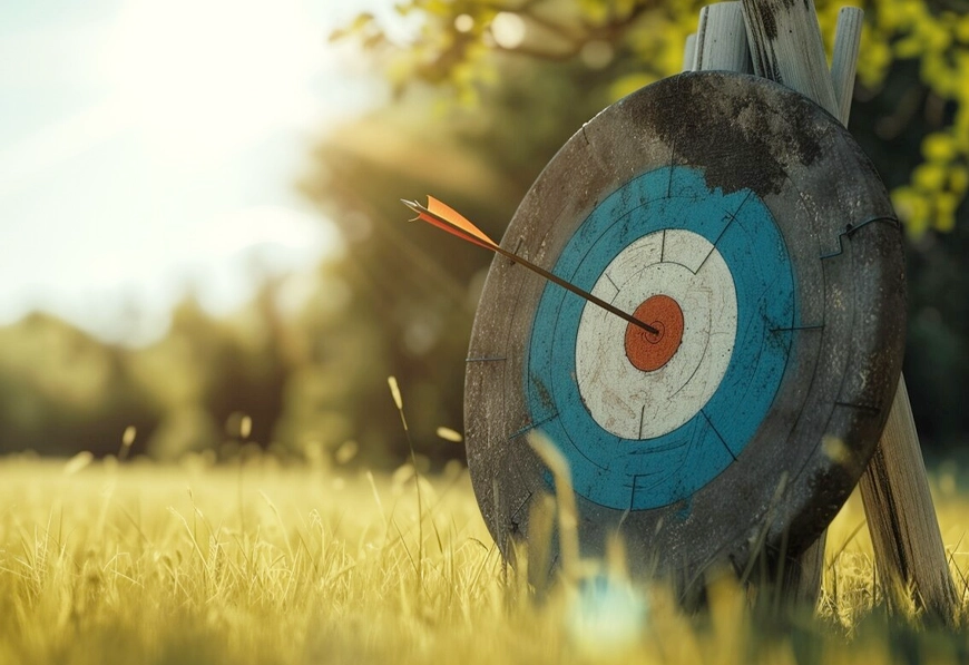 AIBN bullseye archery target with arrow in center, symbolizing accuracy and goal alignment.