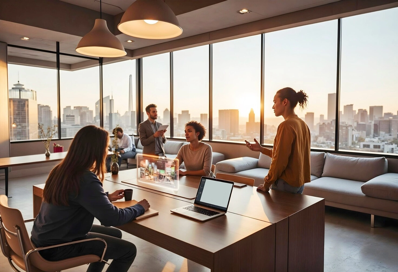 A team meeting in a modern office, representing AIBN's work culture and collaborative environment.