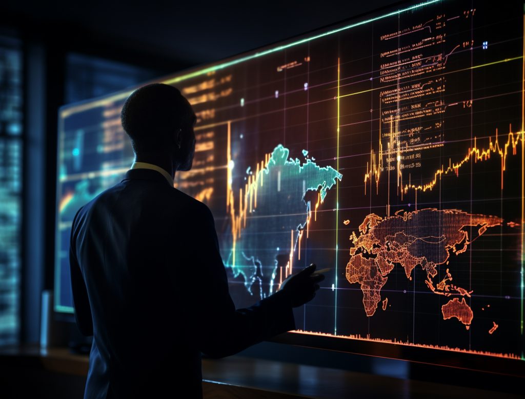 AIBN business intelligence with a person analyzing a digital global market map.