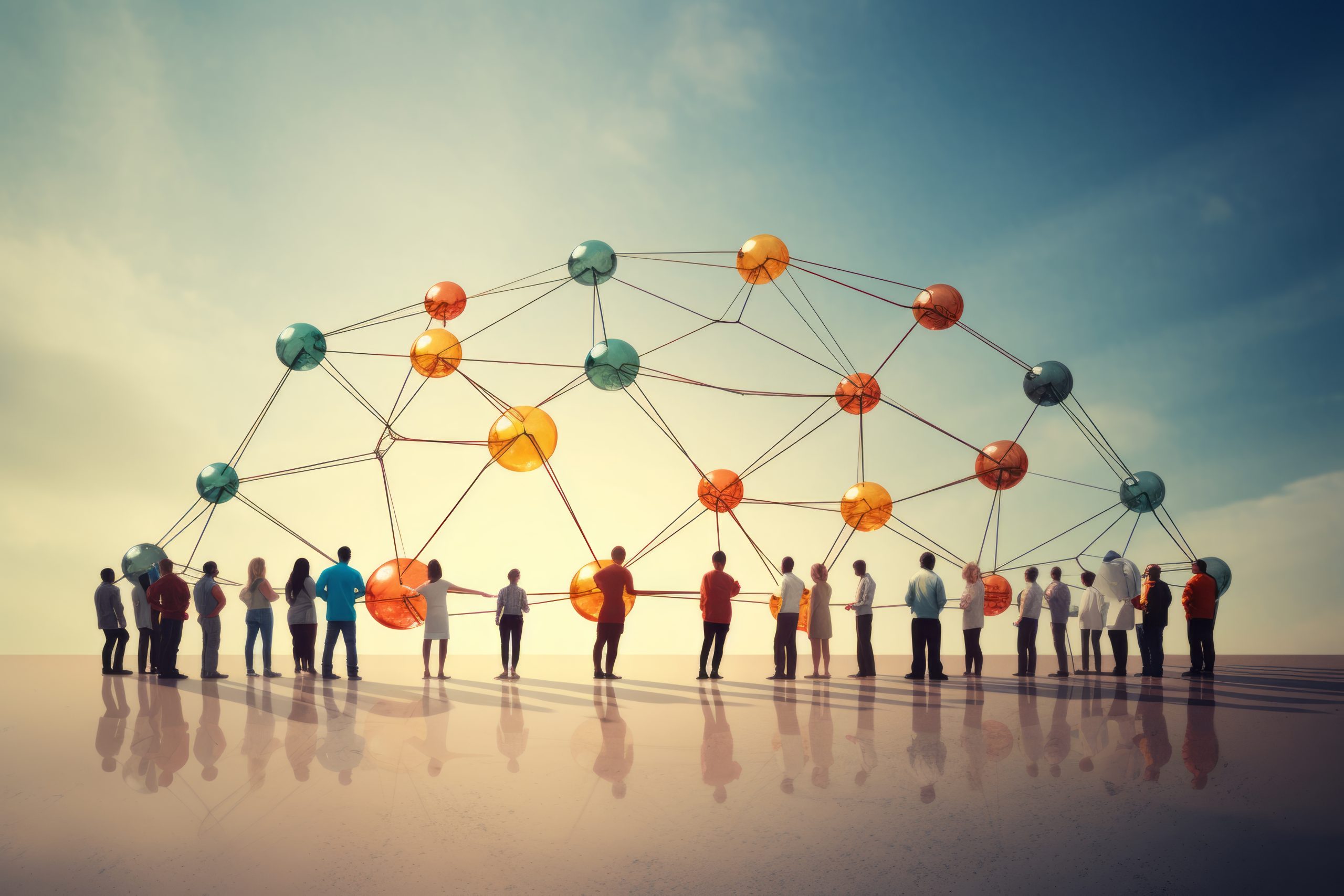 People observing colorful node structure under warm sky showing AIBN connectivity, collaboration, and systems thinking.